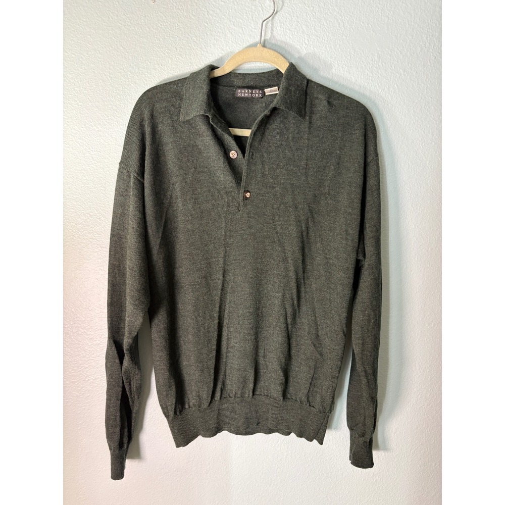 VTG 90s Barneys New York Mens XL Merino Wool Polo Sweater Green Long Sleeve Knit